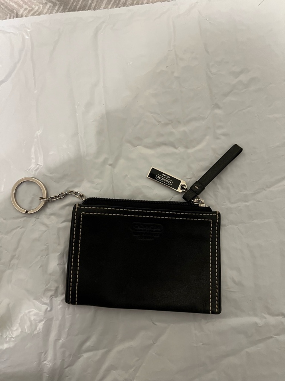 Vintage COACH Black Leather Zip Card Case with Key Ring